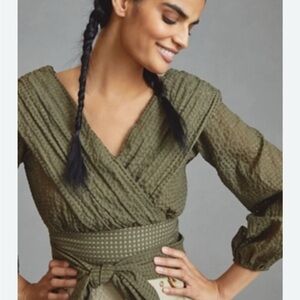 Anthropology Maeve Textured Wrap Top Okive Green Women’s 12 Large NWT